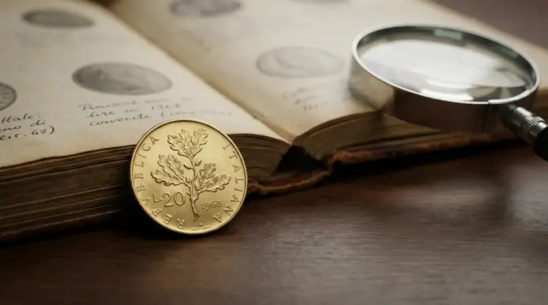 Moneta da 20 lire del 1968 con ramo di quercia su un libro di numismatica