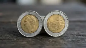 Moneta da 500 lire bimetallica del 1982 coniugata fronte e retro su superficie in legno