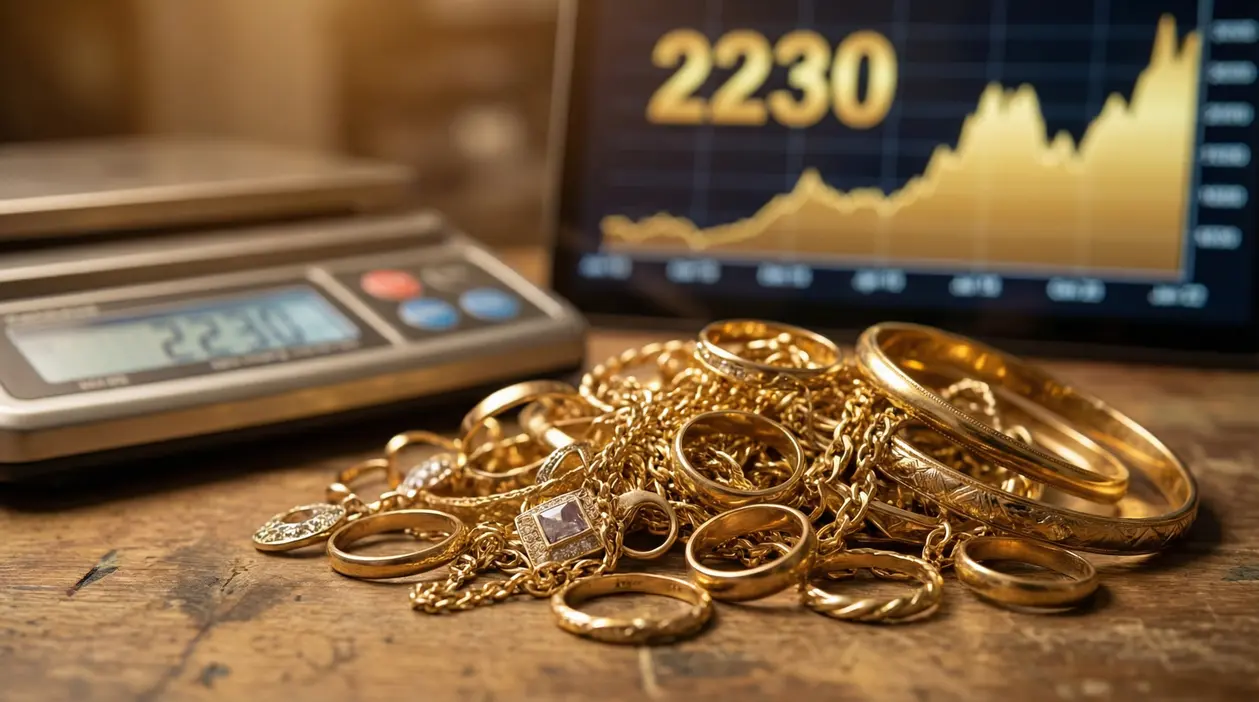 Gioielli in oro su un tavolo accanto a una bilancia e un grafico di mercato su schermo