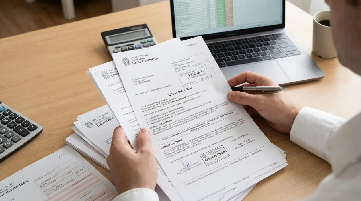 Una persona esamina documenti relativi a cartelle esattoriali su una scrivania con calcolatrice e computer portatile.