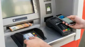 Persona utilizza bancomat e terminale POS con carta e smartphone