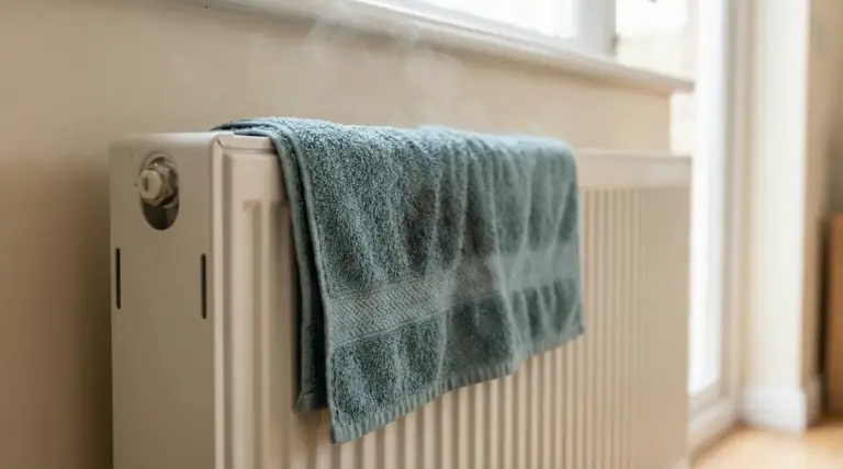 Asciugamano umido appoggiato su un termosifone acceso vicino a una finestra