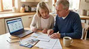 Due persone mature esaminano dei documenti su un tavolo con un computer portatile aperto.