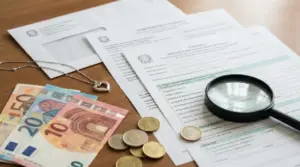 Documenti ufficiali, banconote in euro, monete e una lente d'ingrandimento su un tavolo