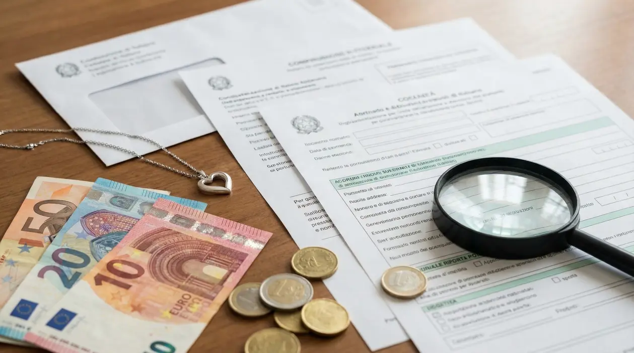 Documenti ufficiali, banconote in euro, monete e una lente d'ingrandimento su un tavolo