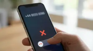 Una mano rifiuta una chiamata da numero con prefisso +44 su uno smartphone