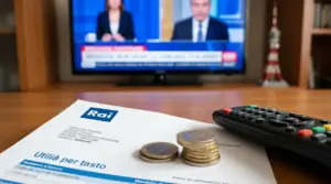 Canone Rai con monete e telecomando su un tavolo davanti a una TV accesa