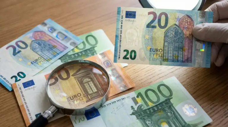 Banconote in euro esaminate con lente d'ingrandimento su un tavolo in legno