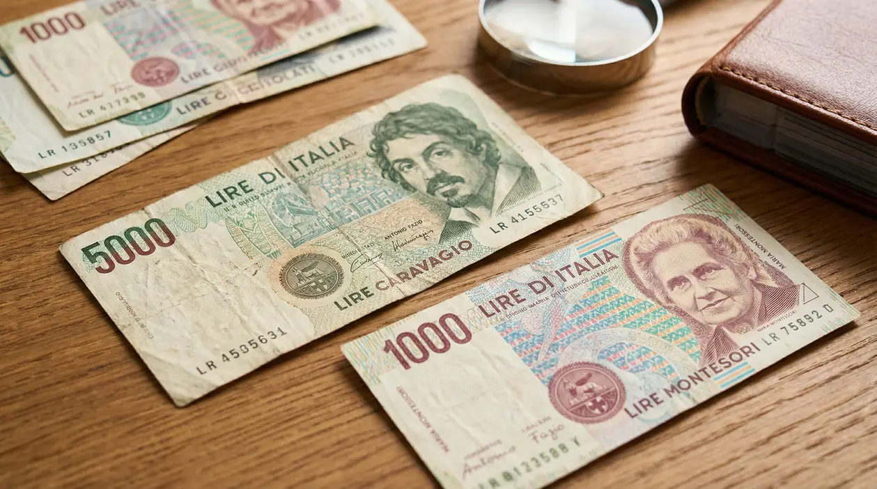 Vecchie banconote italiane da 1.000 e 5.000 lire disposte su un tavolo di legno