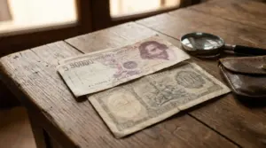 Vecchie banconote italiane su un tavolo di legno accanto a una lente d'ingrandimento
