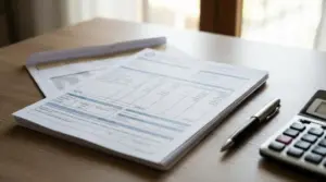 Un documento simile a una busta paga su una scrivania con penna e calcolatrice