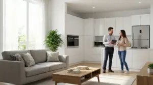 Due persone parlano in una cucina moderna con elettrodomestici e arredi nuovi