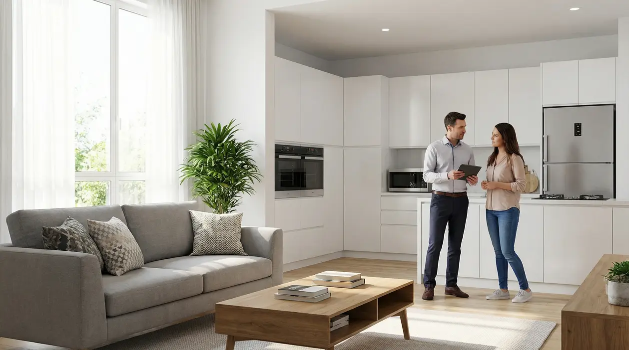 Due persone parlano in una cucina moderna con elettrodomestici e arredi nuovi