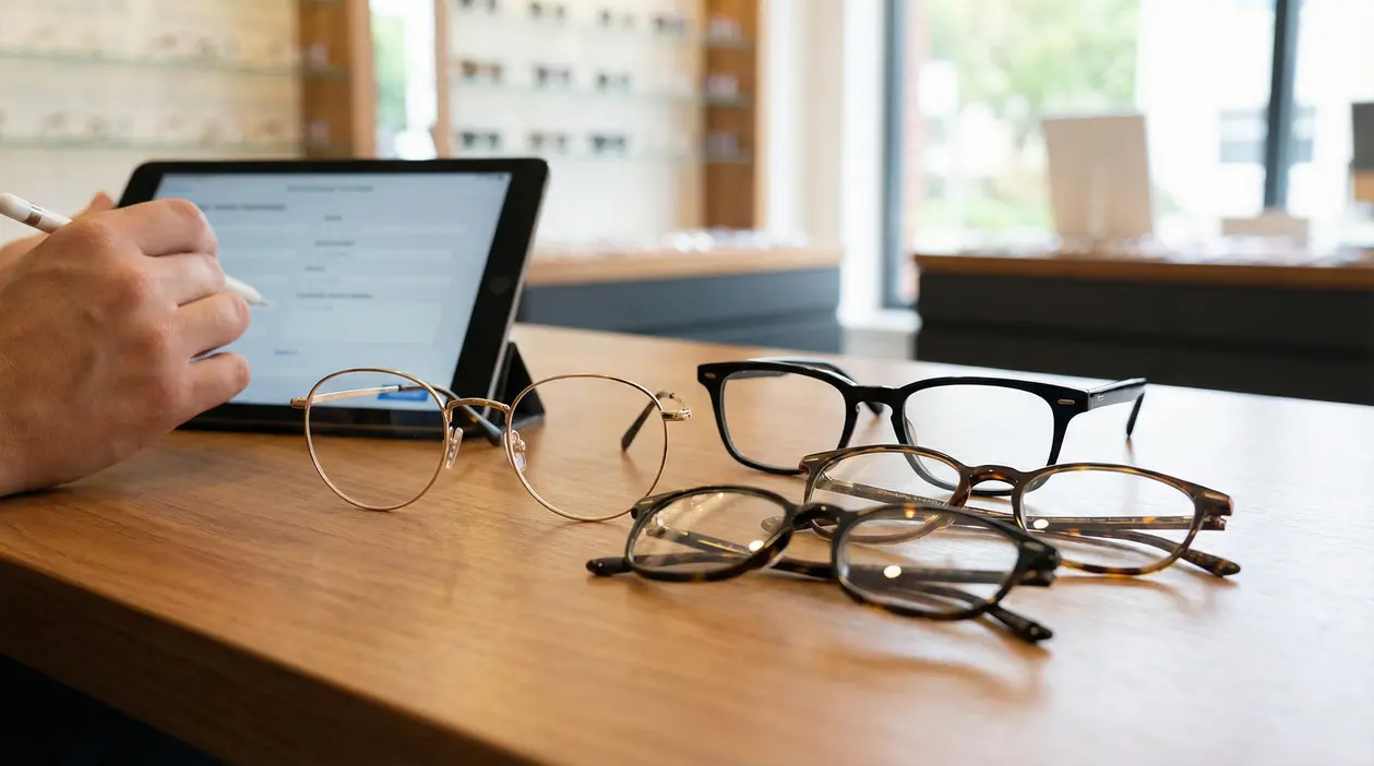 Diversi modelli di occhiali su un tavolo vicino a un tablet con una mano che scrive con un pennino