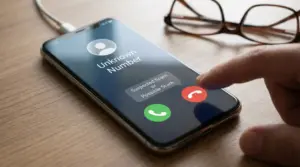 Un dito si avvicina a un telefono che mostra una chiamata da numero sconosciuto