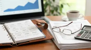 Scrivania con agenda, documenti, occhiali, calcolatrice e grafico su laptop