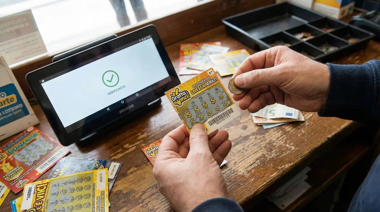 Persona controlla un gratta e vinci in tabaccheria vicino a un terminale per la verifica
