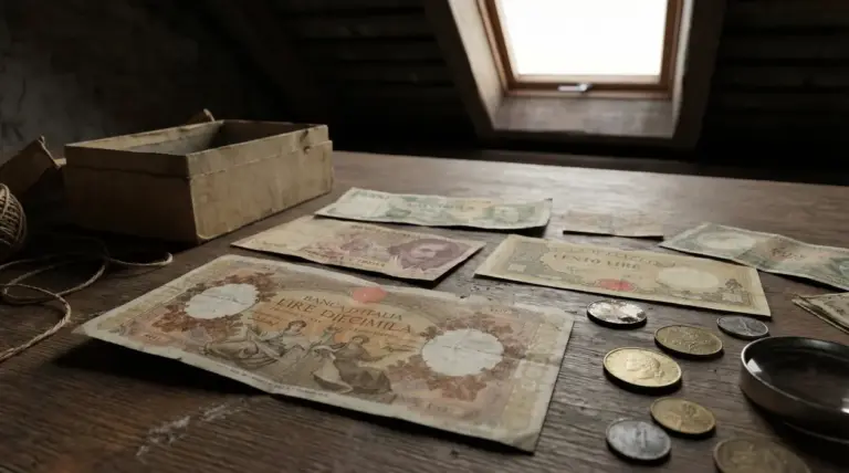Vecchie banconote e monete in lire italiane su un tavolo di legno in soffitta
