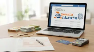 Computer portatile con conto bancario online, soldi in contanti e documenti fiscali su un tavolo