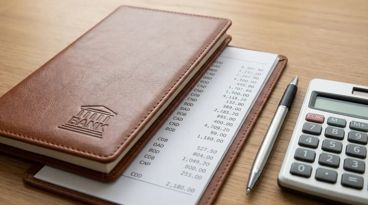 Libretto bancario con lista movimenti, una penna e una calcolatrice su un tavolo