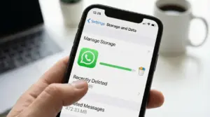 Mano che tiene uno smartphone con schermata di gestione archiviazione di WhatsApp