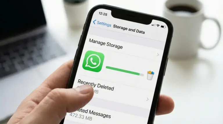 Mano che tiene uno smartphone con schermata di gestione archiviazione di WhatsApp