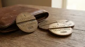 Vecchi gettoni telefonici in metallo su un tavolo accanto a un portafoglio di cuoio