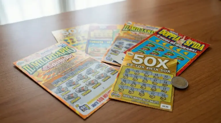 Biglietti gratta e vinci italiani su un tavolo con una moneta
