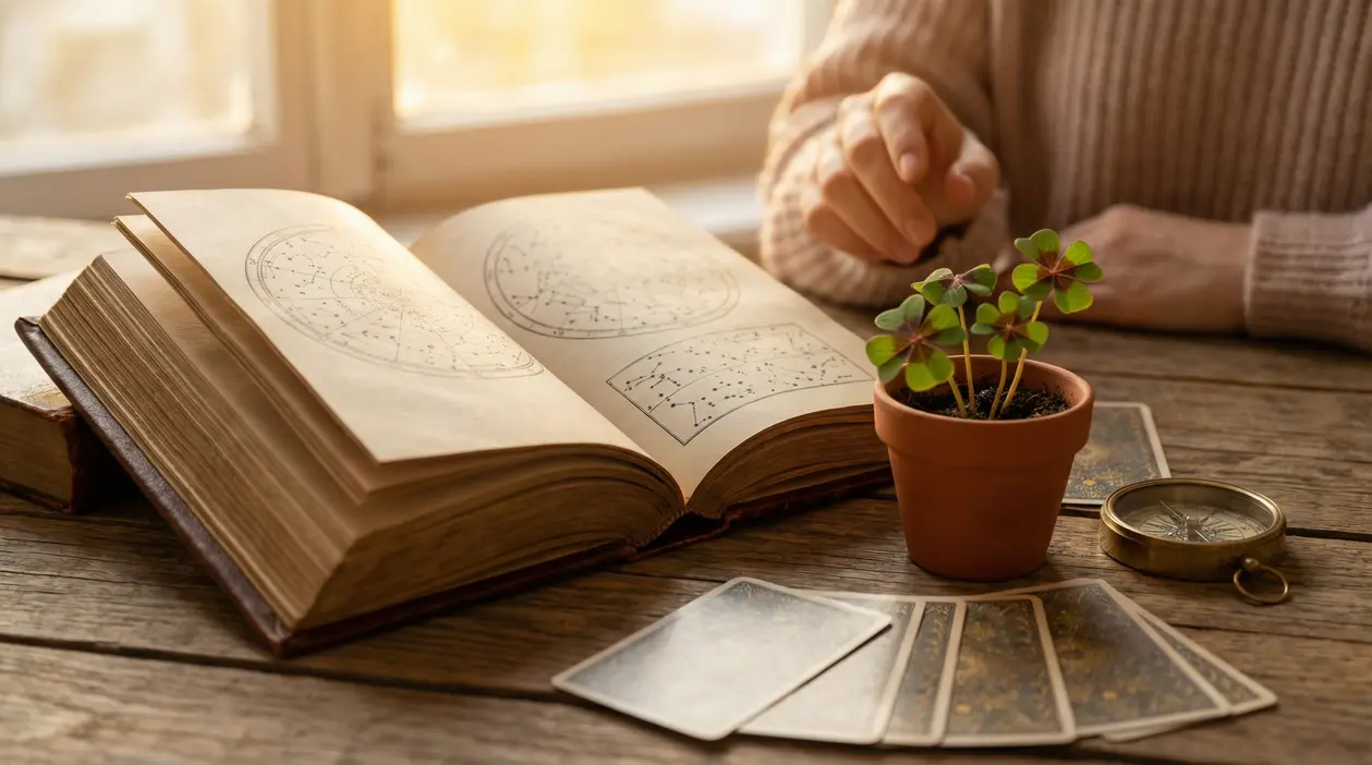 Libro astrologico aperto con costellazioni, pianta di quadrifogli e carte su un tavolo