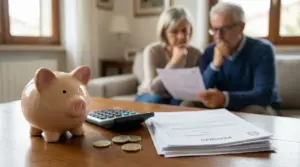 Due persone anziane consultano documenti pensionistici con un salvadanaio sul tavolo