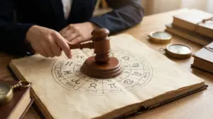 Mano che impugna un martelletto su un antico diagramma zodiacale su un tavolo di legno