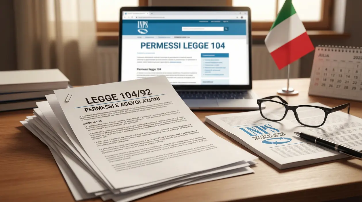 Documenti sulla legge 104 e agevolazioni INPS su una scrivania con computer portatile e bandiera italiana