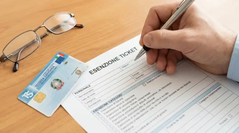 Persona compila un modulo per l'esenzione del ticket sanitario con tessera sanitaria su tavolo