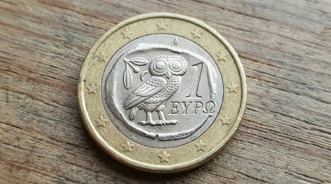 Moneta da 1 euro con disegno di un gufo su sfondo in legno