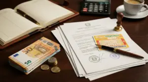 Documenti notarili, banconote in euro e biglietto del Superenalotto su una scrivania