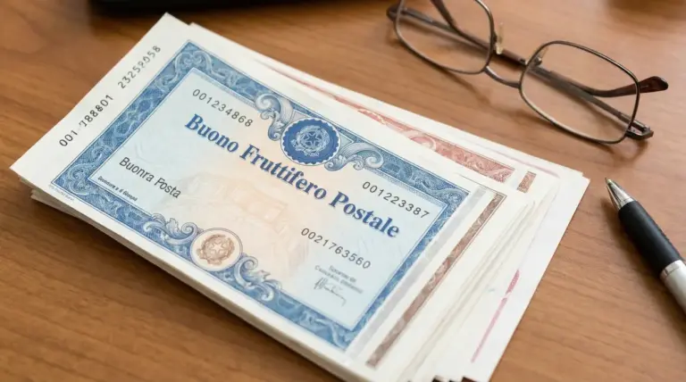 Buoni fruttiferi postali italiani su una scrivania con occhiali e penna