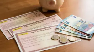 Buoni fruttiferi postali accanto a banconote e monete in euro su un tavolo