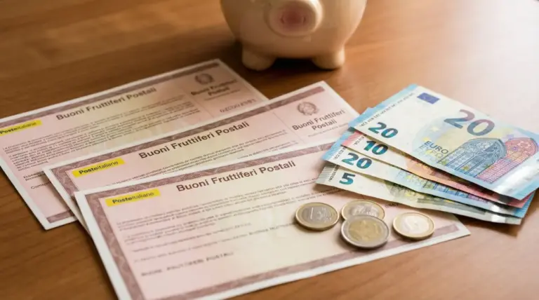 Buoni fruttiferi postali accanto a banconote e monete in euro su un tavolo