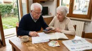 Due anziani siedono al tavolo di casa mentre controllano documenti e calcolatrice