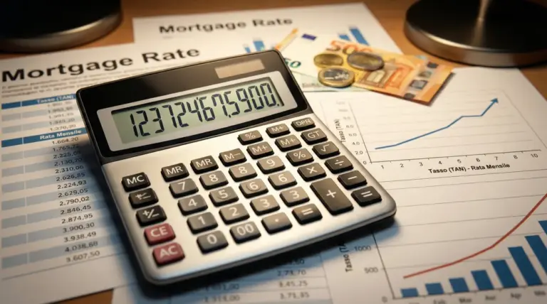 Calcolatrice su grafici finanziari e tabelle di tassi mutuo con euro in contanti sullo sfondo