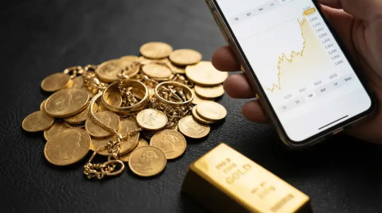 Monete e gioielli d'oro con lingotto vicino a un grafico sul prezzo dell'oro su smartphone