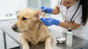 Veterinario pulisce l'orecchio di un cane in ambulatorio con batuffolo di cotone