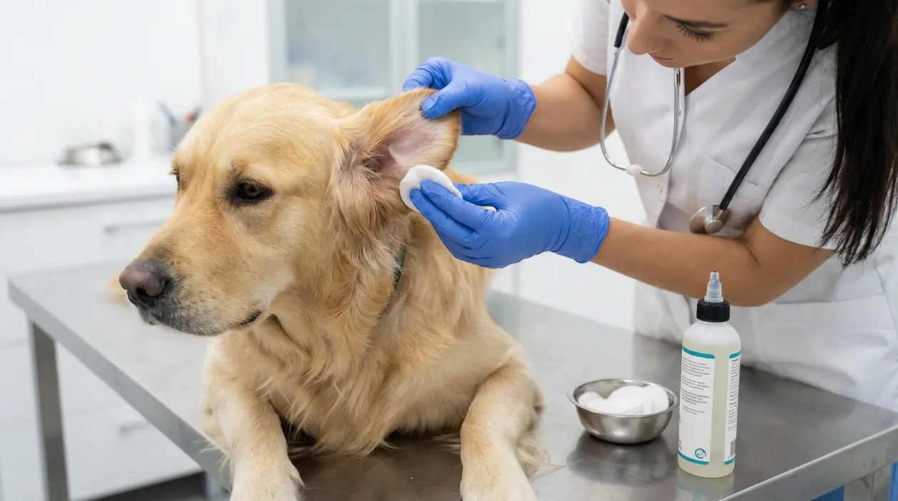 Veterinario pulisce l'orecchio di un cane in ambulatorio con batuffolo di cotone