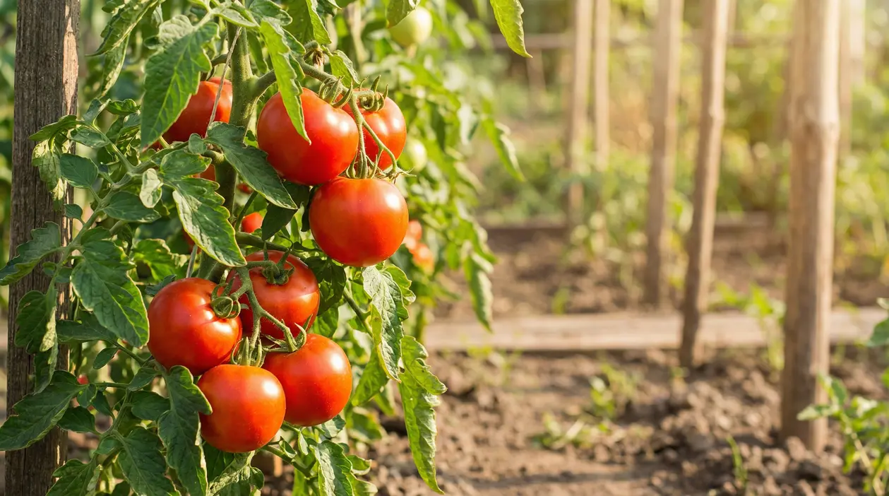 Piante di pomodoro con frutti maturi in un orto soleggiato