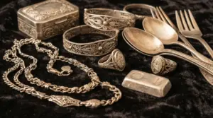 Vecchi gioielli e posate in argento su un panno scuro