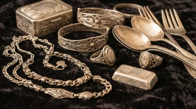Vecchi gioielli e posate in argento su un panno scuro