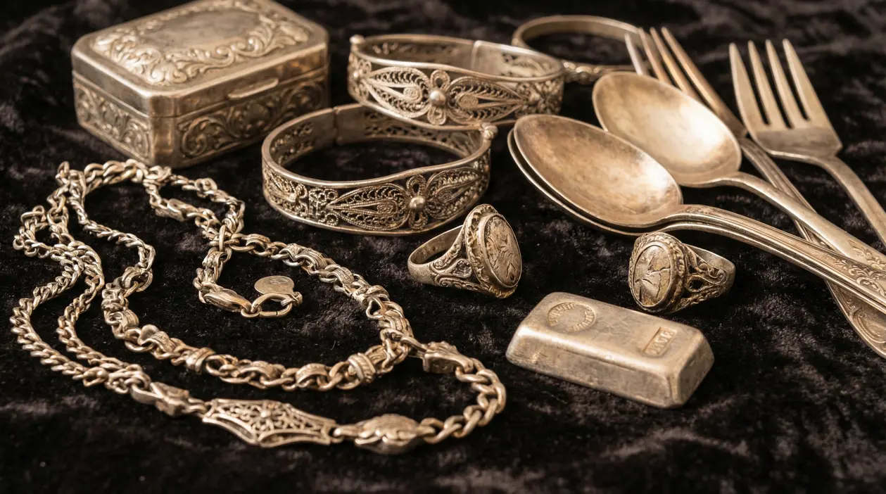 Vecchi gioielli e posate in argento su un panno scuro