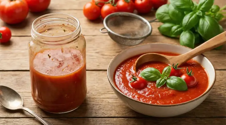 Ciotola di salsa di pomodoro con basilico fresco e pomodorini accanto a un barattolo su tavolo di legno