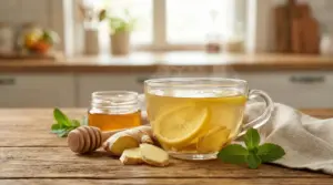Tisana calda al limone e zenzero con miele, zenzero fresco e foglie di menta su un tavolo di legno