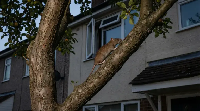 Un topo si arrampica su un albero vicino a una casa con finestra aperta